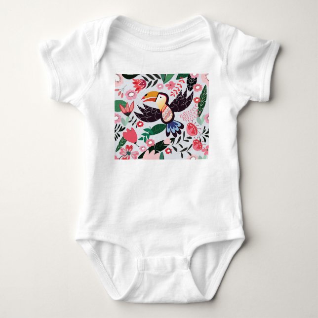 Tropiska fåglar, blommigt Dodle mönster. T Shirt (Framsida)