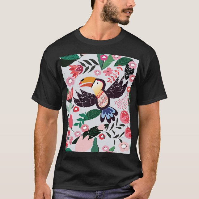 Tropiska fåglar, blommigt Dodle mönster. T Shirt (Framsida)
