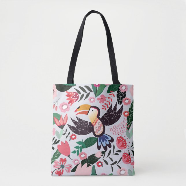 Tropiska fåglar, blommigt Dodle mönster. Tygkasse (Framsida)