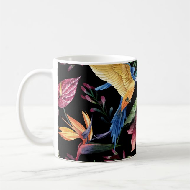 Tropiska fåglar, blommor: vattenfärgen mönster. kaffemugg (Vänster)