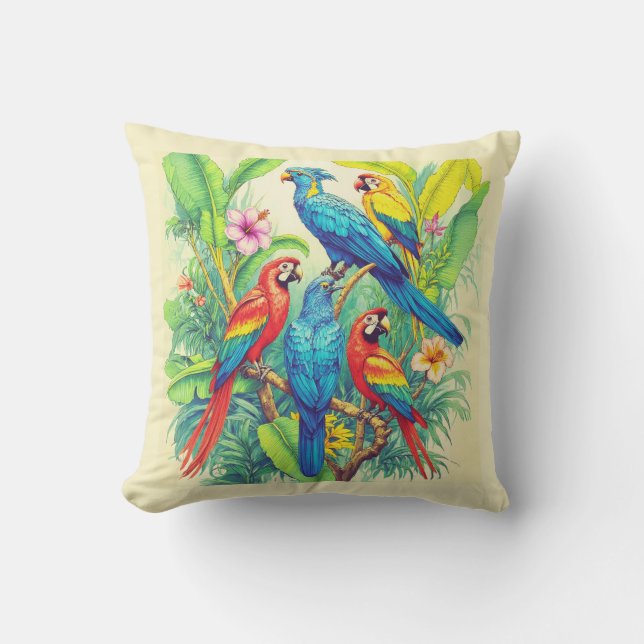 Tropiska Fåglar Botanisk Illustration Kudde (Framsida)