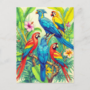 Tropiska fåglar Botaniskt Illustration Vykort
