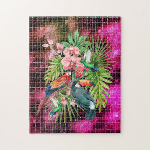 Tropiska fåglar exotiska blommor rosa lila glam pussel