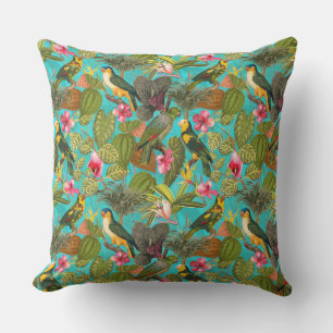Tropiska fåglar och blommor i Jungle mönster-teal Kudde
