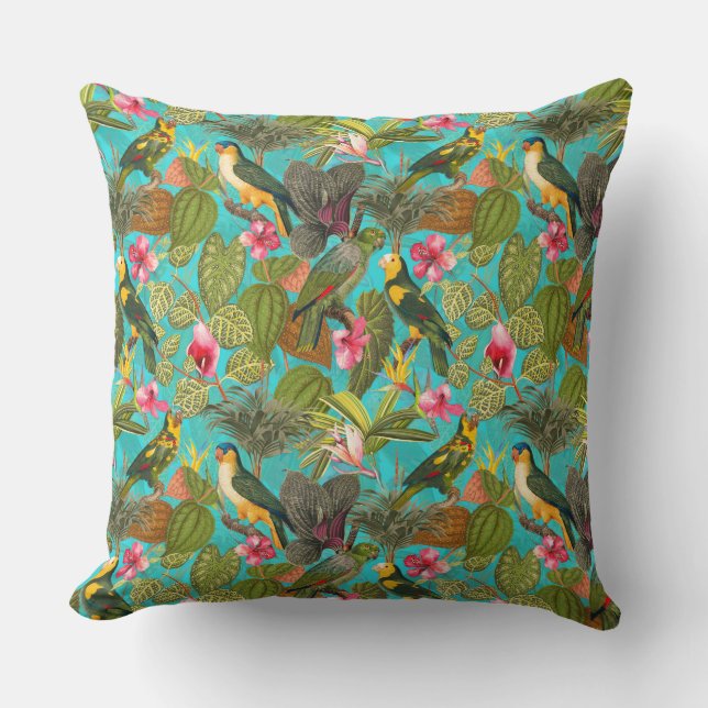 Tropiska fåglar och blommor i Jungle mönster-teal Kudde (Framsida)