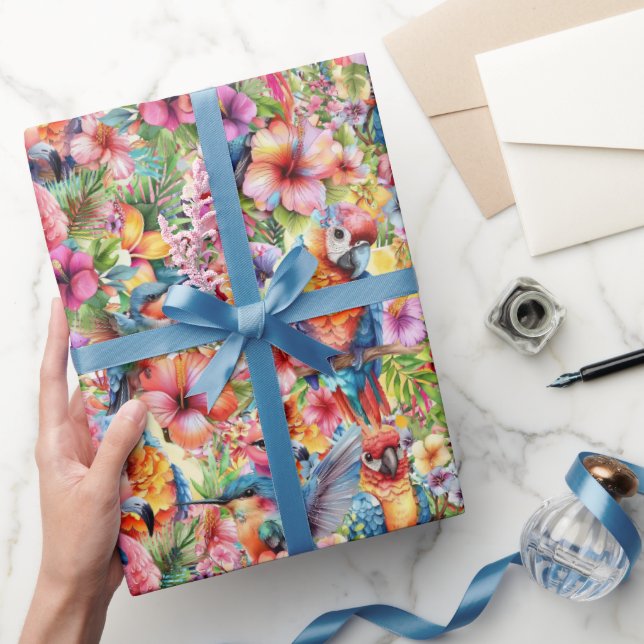 Tropiska Fåglar och Små Blommor Presentpapper (Gifting)