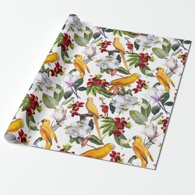 Tropiska fåglar Parrots Jungle Mönster - vit Presentpapper (Utrullad)