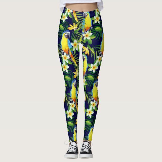 Tropiska fåglar - Parrots och Hibiscus på Black Ba Leggings (Framsida)