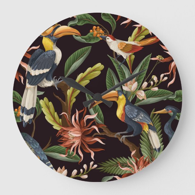 Tropiska fåglar: Vintage Löv & Flowers Stor Klocka (Framsida)