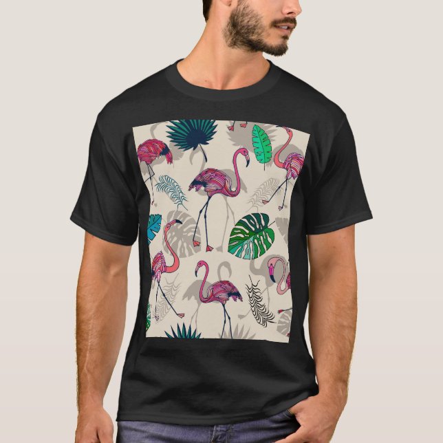 Tropiska Fantasy: Flamingo Löv Mönster T Shirt (Framsida)