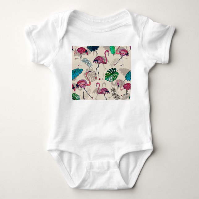 Tropiska Fantasy: Flamingo Löv Mönster T Shirt (Framsida)