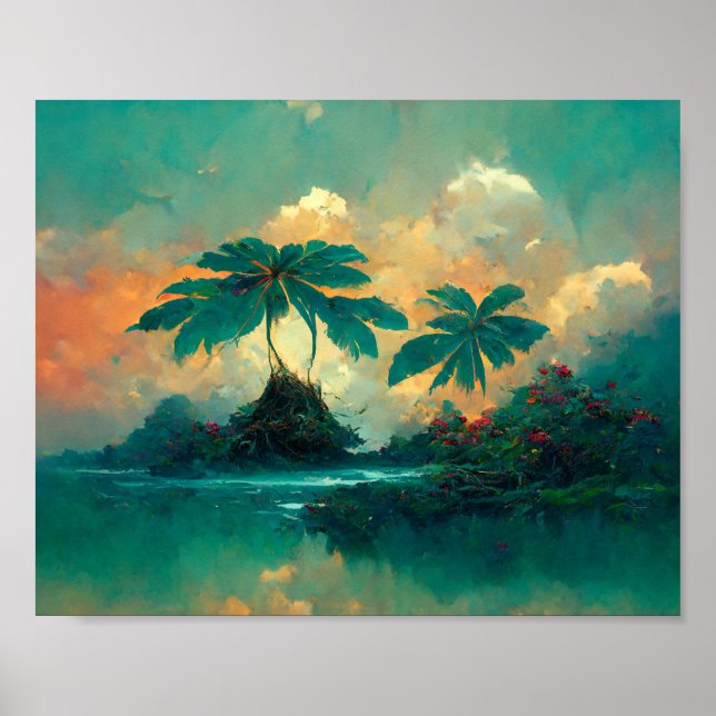 Tropiska Fantasy Sea & Handflatan Träd Poster (Framsidan)