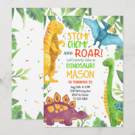 Tropiska färgstarka dinosaurier-inbjudan på födels inbjudningar