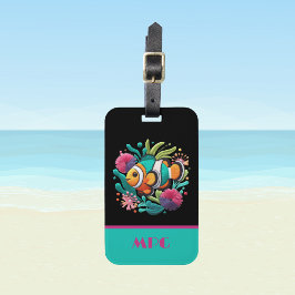 Tropiska Faux Embroidery Fish Black Rosa Initialer Bagagebricka