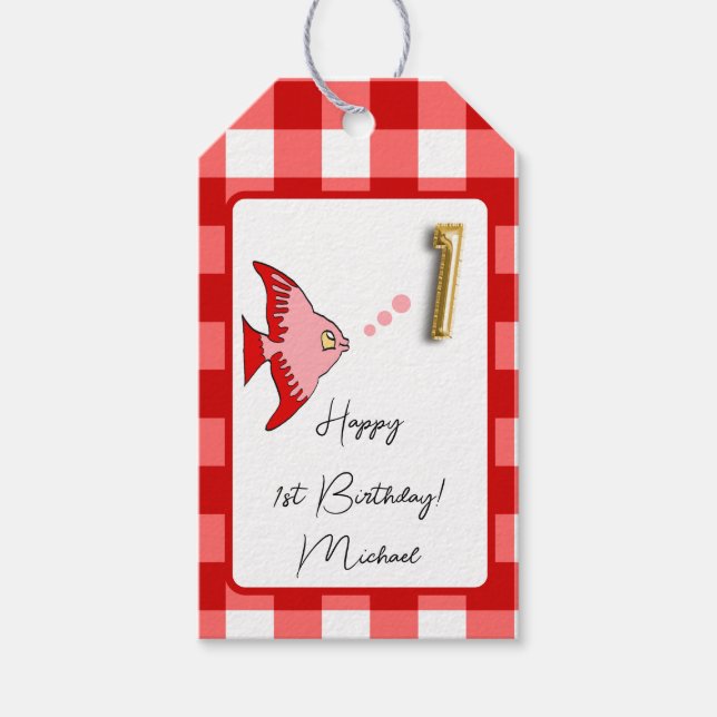 Tropiska Fish Red Gingham Lycklig 1:a födelsedagen Presentetikett (Framsidan)