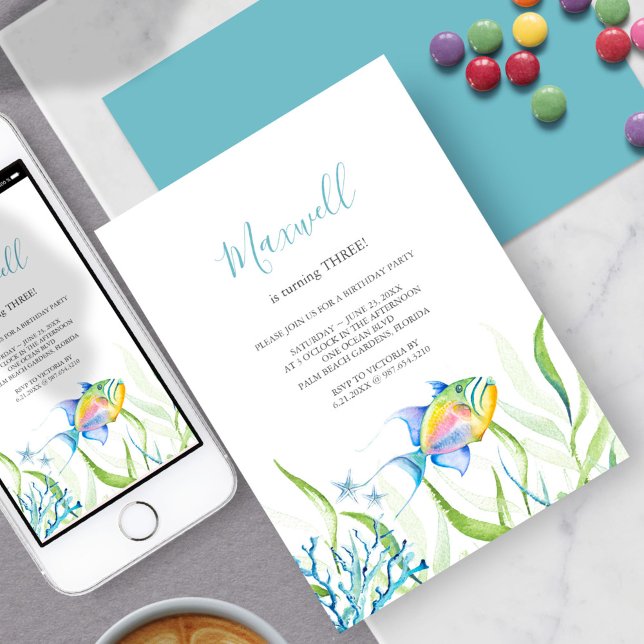 Tropiska fiskar 3:e födelsedag Party Vattenfärg Inbjudningar (3rd birthday party ideas tropical fish invitation watercolor art by Victoria Grigaliunas)