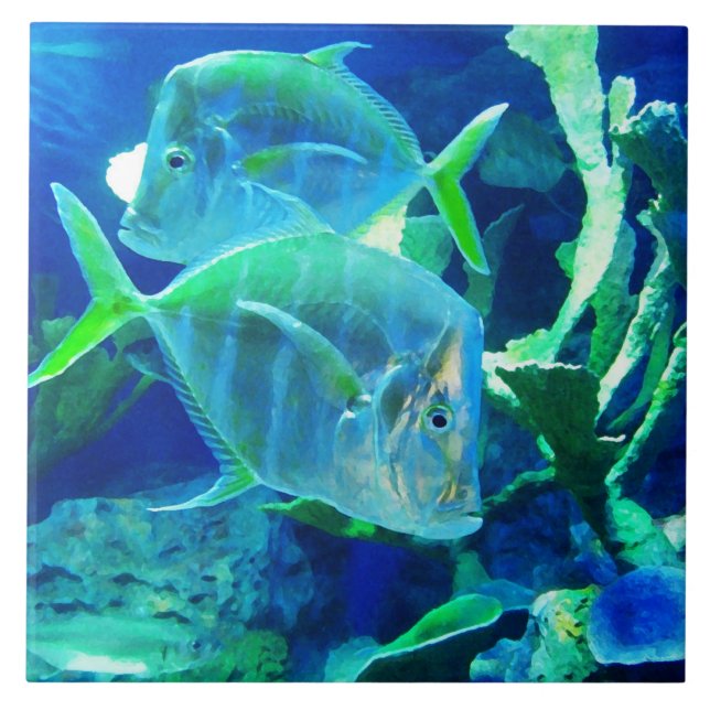 Tropiska fiskar, blå, keramiskt plattor kakelplatta (Framsidan)