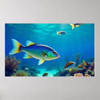 Tropiska fiskar flyter i djupt blått havsvatten Oc Poster