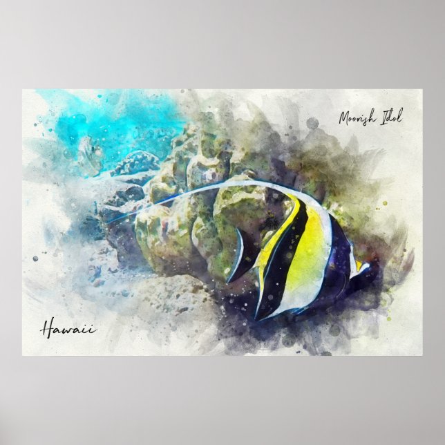 Tropiska fiskvattenfärg - Moorish Idol Poster (Framsidan)