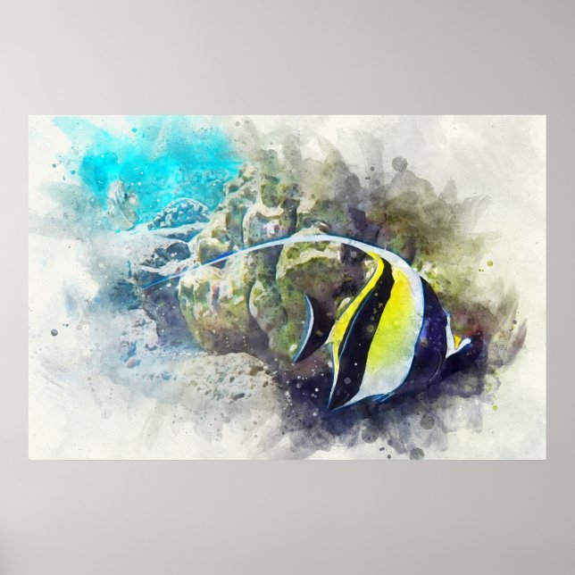 Tropiska fiskvattenfärg - Moorish Idol Poster (Framsidan)
