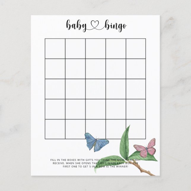 Tropiska fjärilar - Baby shower bingo spel (Framsida)