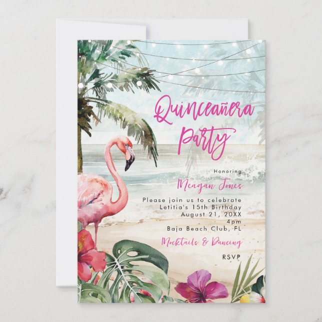 tropiska flamingo boho quinceanera party inbjudningar (Framsida)