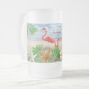 Tropiska Flamingo-fåglar på stranden Frostat Ölglas