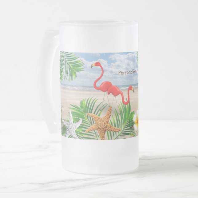 Tropiska Flamingo-fåglar på stranden Frostat Ölglas (Framsida vänster)