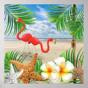 Tropiska Flamingo-fåglar vid stranden Poster
