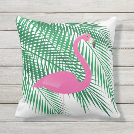 Tropiska flamingo- & handflatanlöv på utomhus- vit utomhuskudde