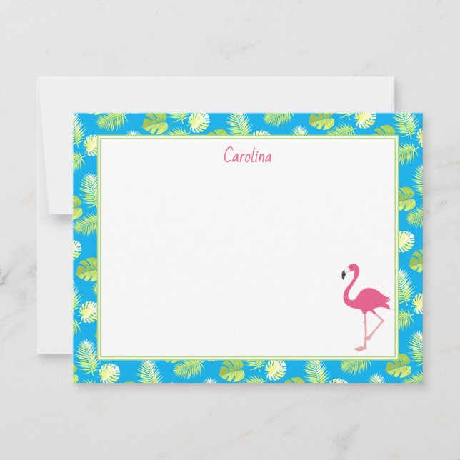 Tropiska Flamingo Palmgrenar Blå Pappersvaror Anteckningskort (Framsida)
