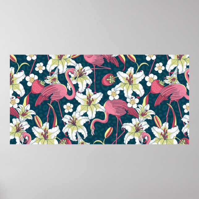 Tropiska Flamingoes och Lilies Seamless Mönster Poster (Framsidan)