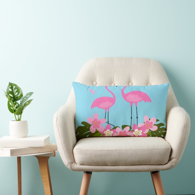 Tropiska flamingon och Blommigt Illustration Lumbarkudde (Stol)