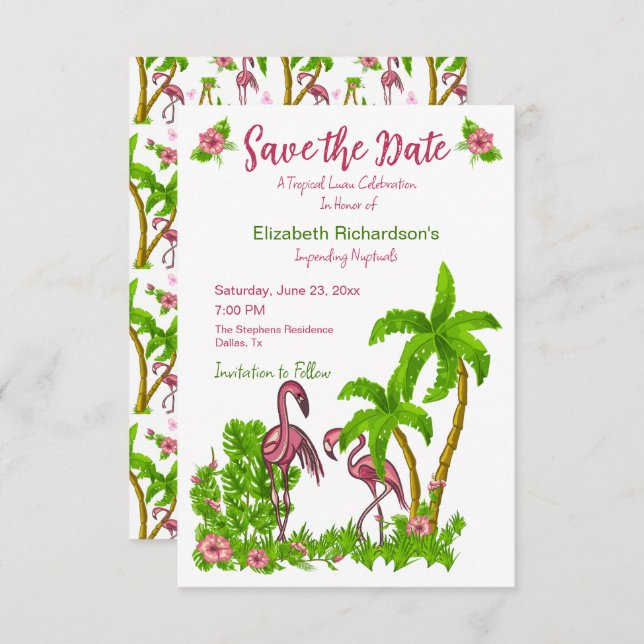 Tropiska flamingon och blommor sparar datumet inbjudningar (Fram/baksida)