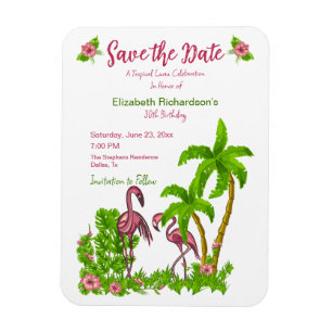 Tropiska flamingon och blommor sparar datumet magnet