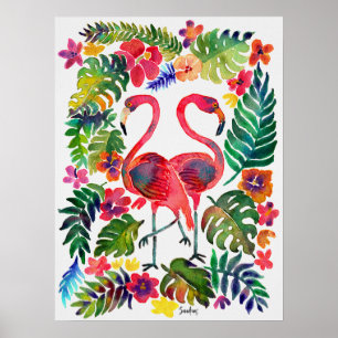 Tropiska flamingos i vattenfärg poster
