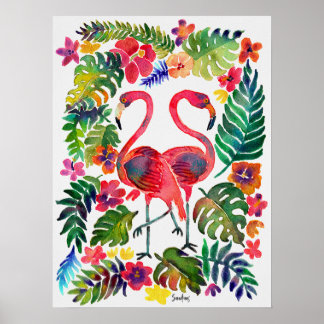 Tropiska flamingos i vattenfärg poster