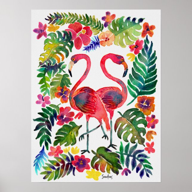 Tropiska flamingos i vattenfärg poster (Framsidan)