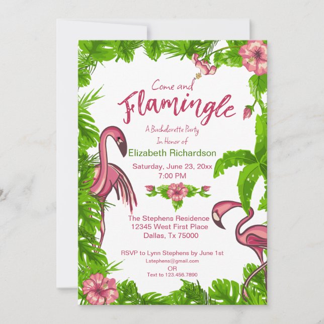 Tropiska flamingos och blommor inbjudan (Framsida)