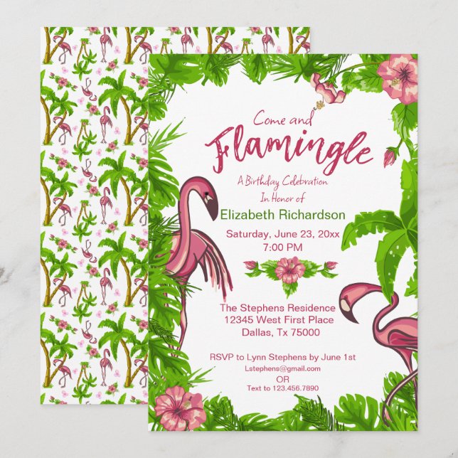 Tropiska flamingos och blommor inbjudan (Fram/baksida)