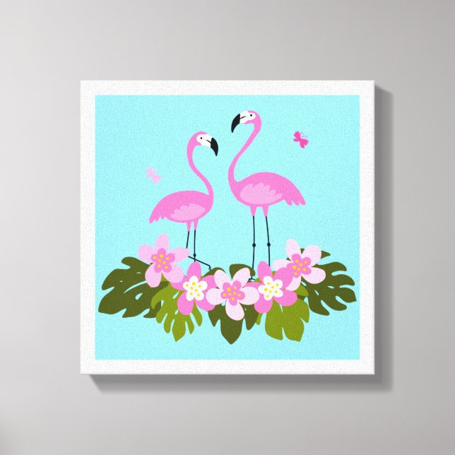 Tropiska flamingos och blomsterillustration canvastryck (Framsida)