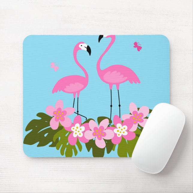Tropiska flamingos och blomsterillustration musmatta (Med mus)