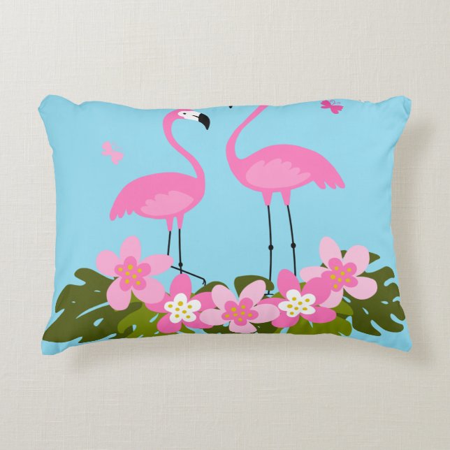 Tropiska flamingos och blomsterillustration prydnadskudde (Framsidan)