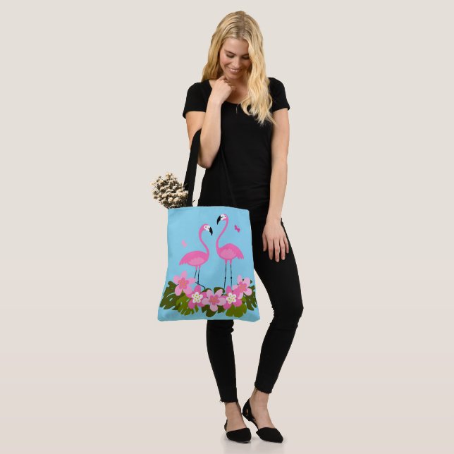 Tropiska flamingos och blomsterillustration tygkasse (På modell)