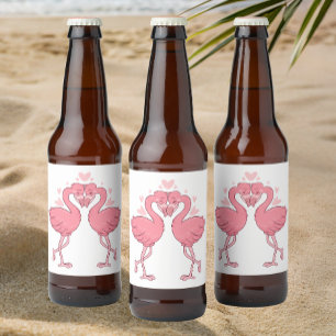 Tropiska Flamingos Strand Söt Rosa Sommarbröllop Ölflaska Etikett