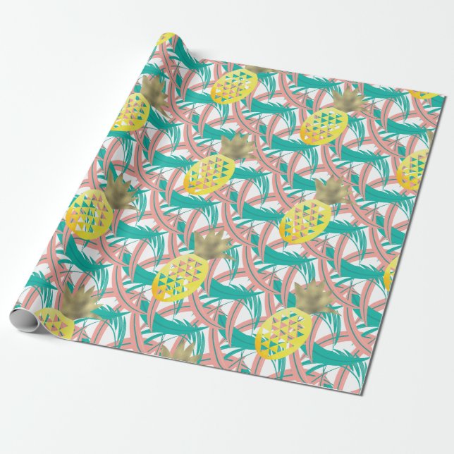 Tropiska flerfärgade palmblad Guld  Ananas Presentpapper (Utrullad)
