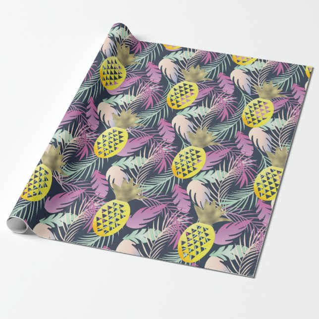 Tropiska flerfärgade palmlöv Guld  Ananas Presentpapper (Utrullad)