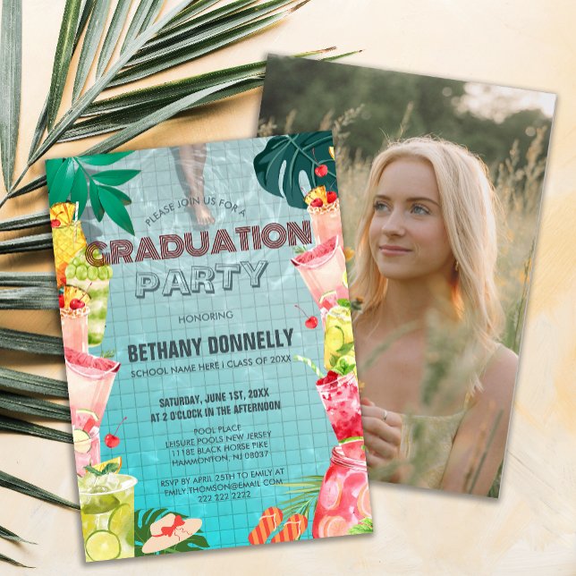 Tropiska fruktdrycker Bassäng Studentfest Inbjudningar (Tropical Summer Pool High School Graduation Party Invite )