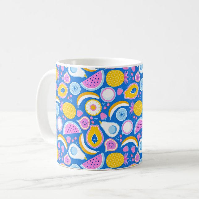 Tropiska frukter - blå bakgrund kaffemugg (Framsida vänster)