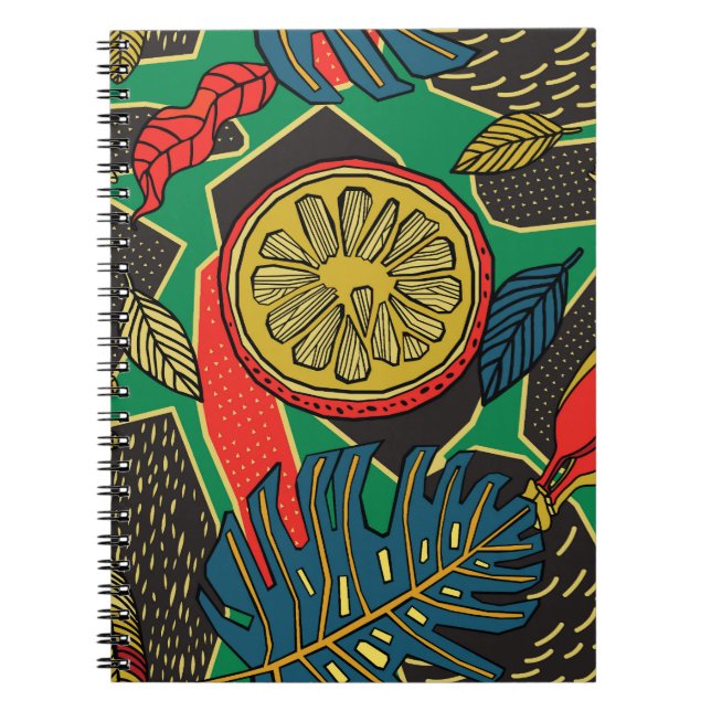 Tropiska frukter, löv, Dodle-blommönster. Anteckningsbok (Framsidan)